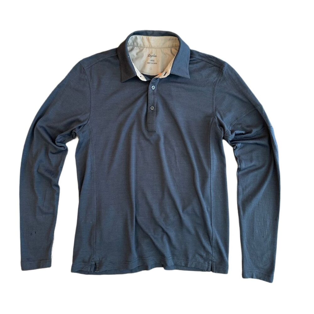 RAPHA Grey Blue Slate Merino Wool Polo Long Sleeve Shirt Large